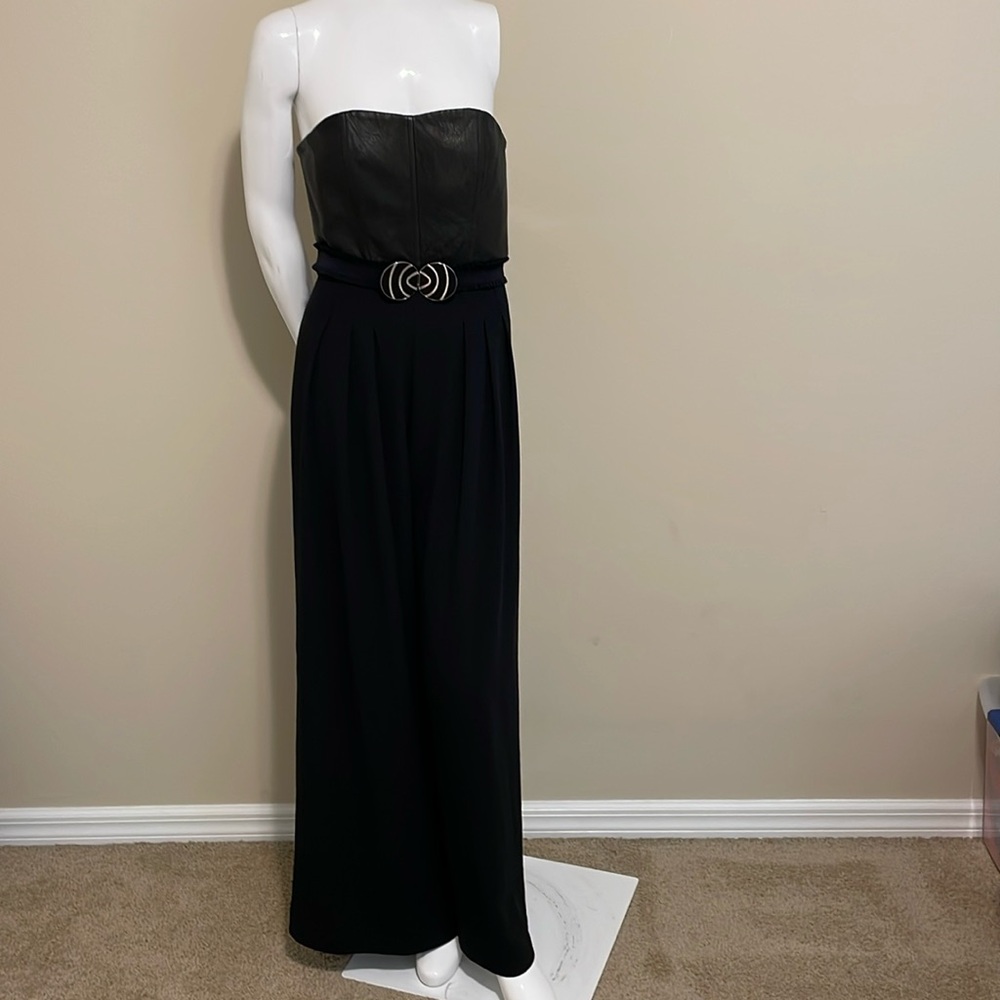 ALICE + OLIVIA Genuine Leather Bustier Wide Leg Pants Belted Jumpsuit EC size 6